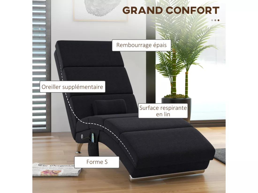 Fauteuil relax massant chauffant design contemporain - chaise longue d'intérieur - piètement métal chromé tissu noir