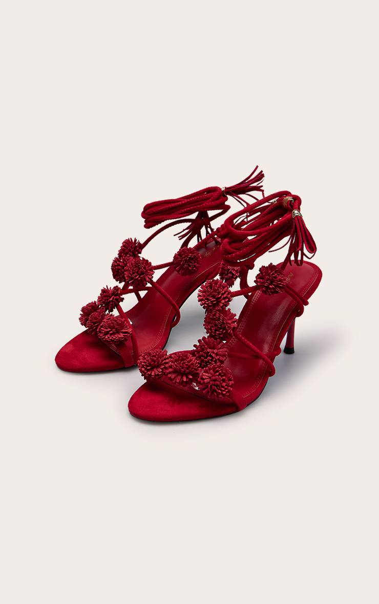 Rouge Sandales À Talons Hauts En Synthétique Avec Pompons Et Lacets