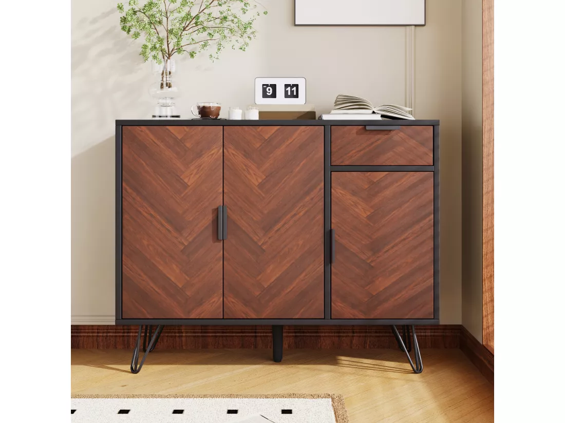 Meuble de Rangement Moderne, Buffet Noir avec Effet Bois, 1 Tiroir et Étagères Réglables en Hauteur (90 x 30 x 71,5 cm)