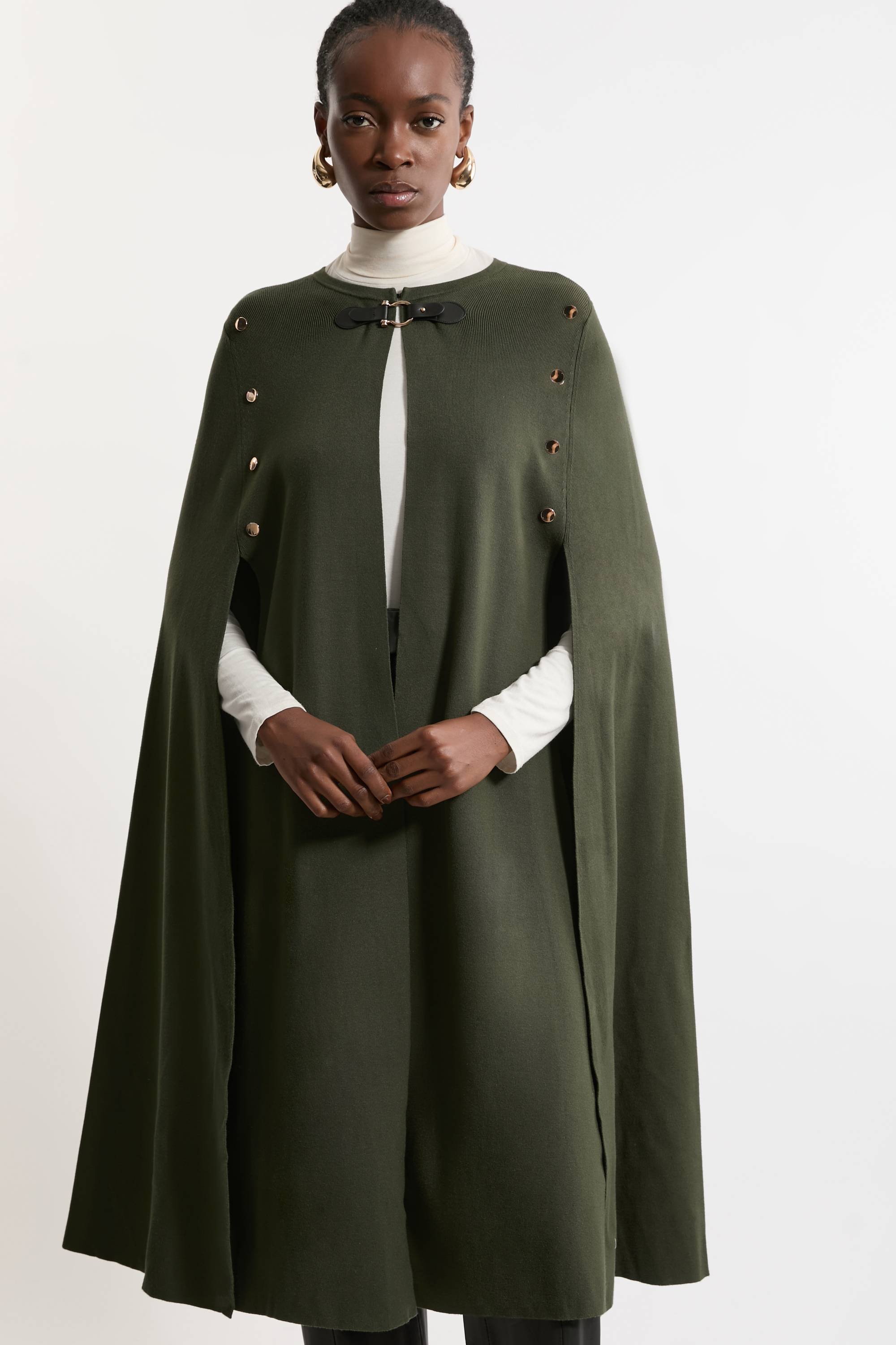 KarenMillen Cape Longue Militaire en Maille Mélange Viscose Taille Haute