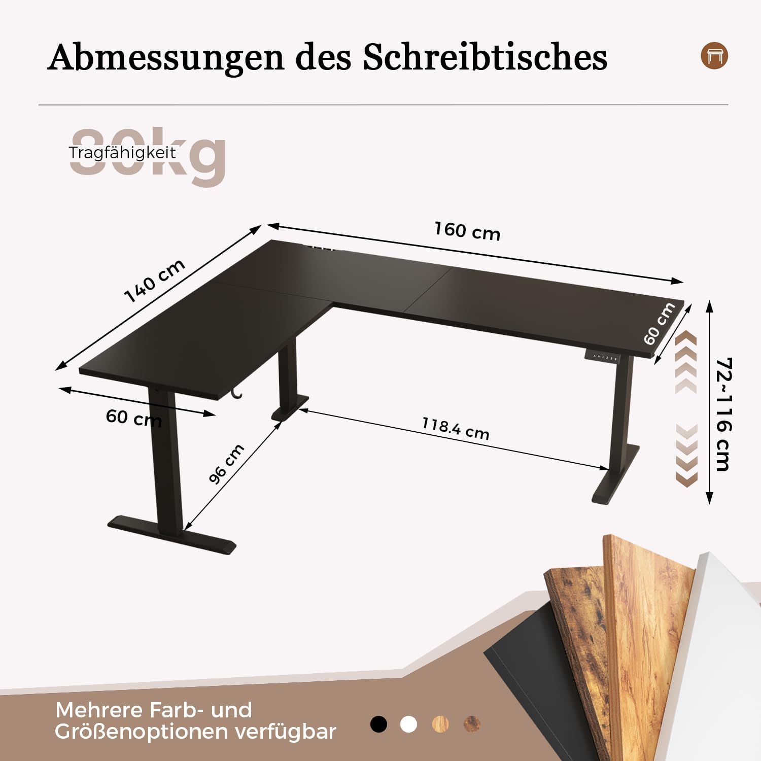 Klicelor L-förmiger Elektrischer Schreibtisch Höhenverstellbar, 160 x 140 cm L Form Stehschreibtisch mit 3 Memory-Funktionen und Antikollisionstechnologie, ergonomischer Computertisch, Schwarz