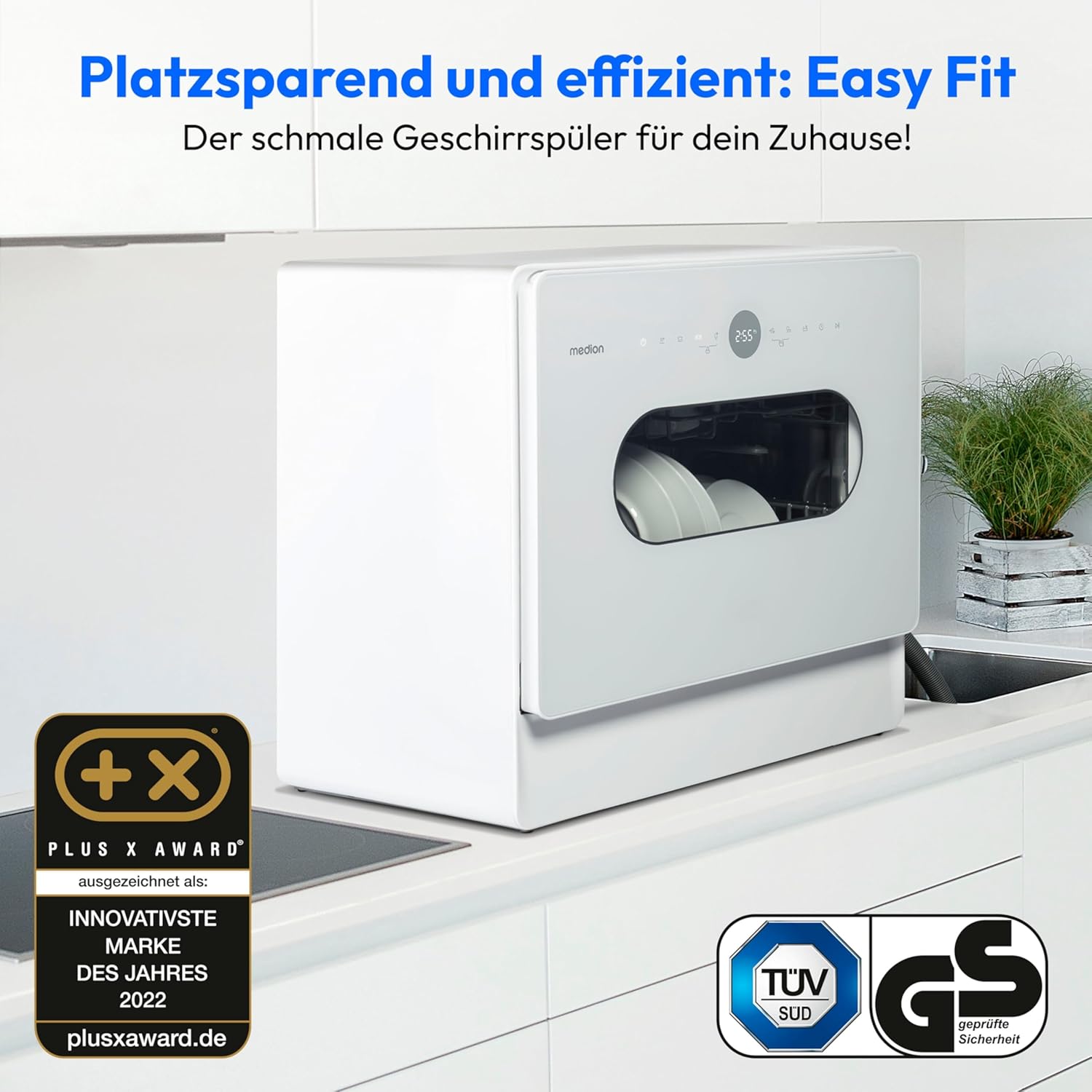 MEDION Mini Geschirrspüler DWT51 (Tischgeschirrspüler mit Touch-Bedienfeld, Eimer-Funktion, 5 Maßgedecke, funktioniert mit/ohne Wasseranschluss, 7 Reinigungsprogramme, Startzeitvorwahl, MD 37766) weiß
