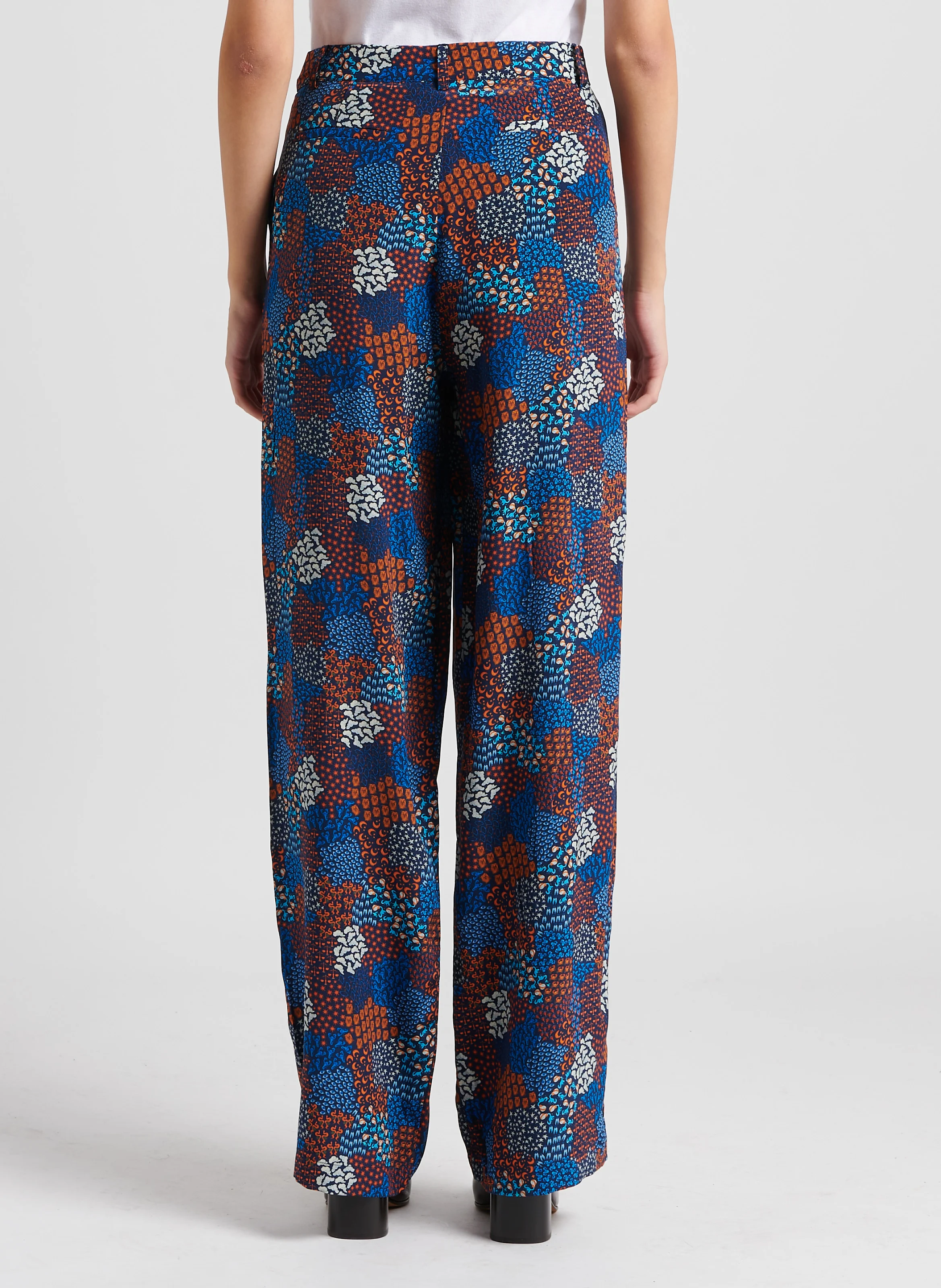 OLYMPE - Pantalon fluide imprimé en soie| Bleu