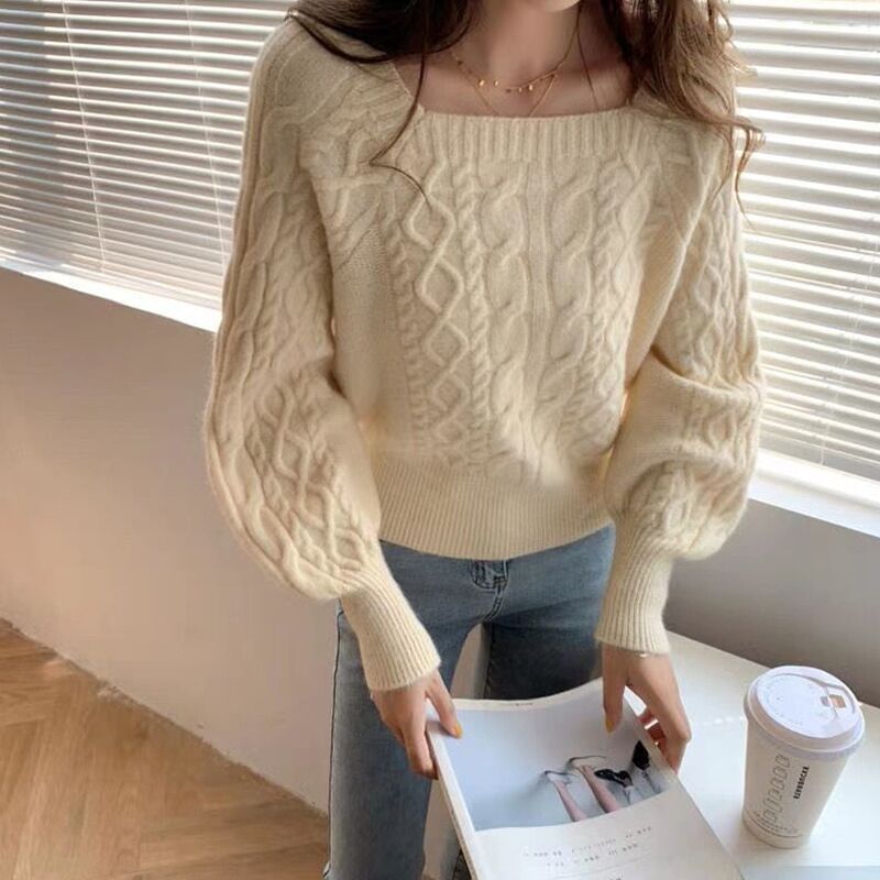 hollybunbur - Gebreide cropped trui met vierkante hals en effen kabelmotief