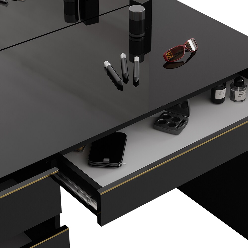 Vicco Schminktisch Sherry Schwarz Hochglanz Gold 120 x 75 cm 5 Schubladen Spiegel Hocker