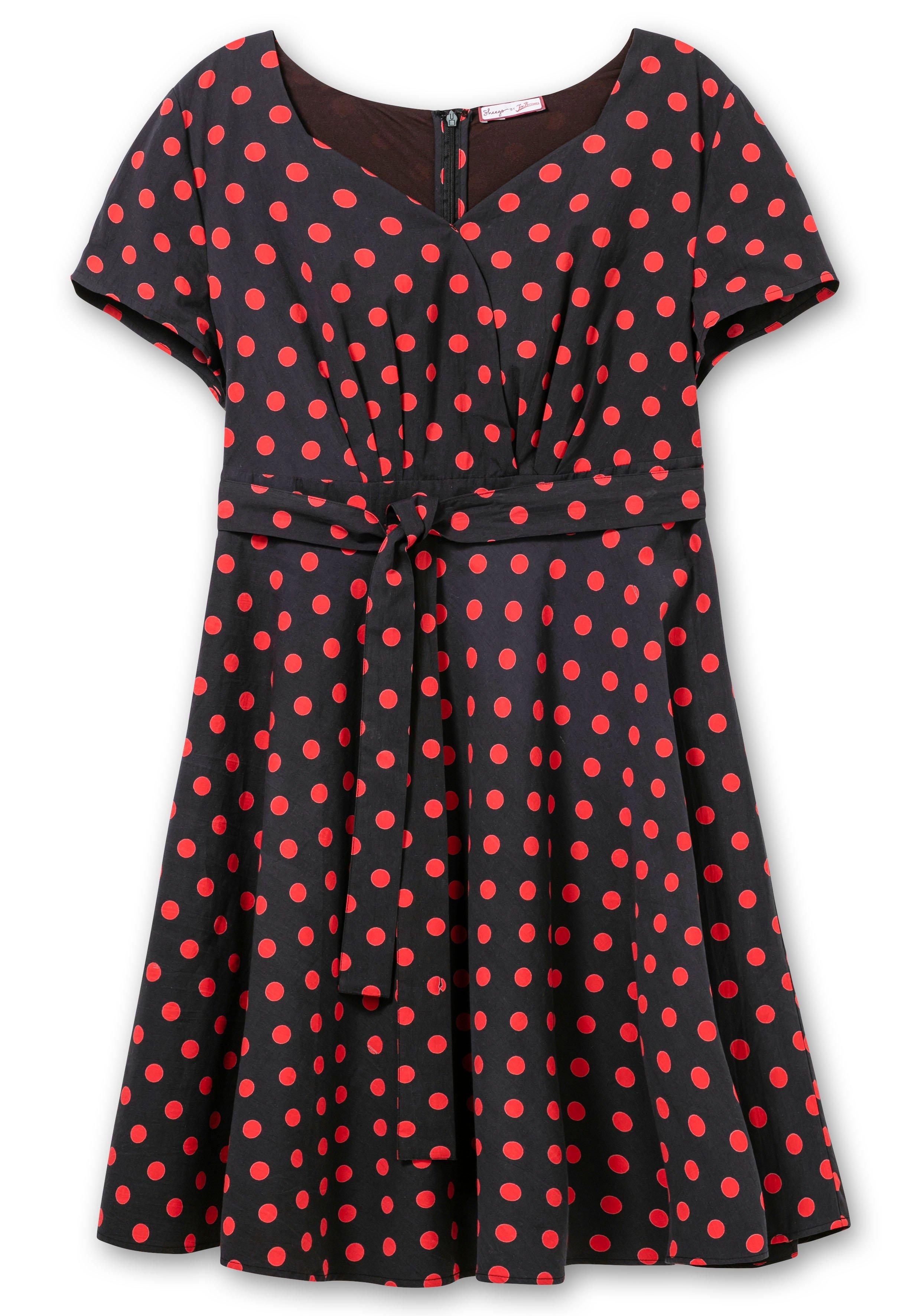 Gepunktetes Kleid mit Herzausschnitt und Taillenband