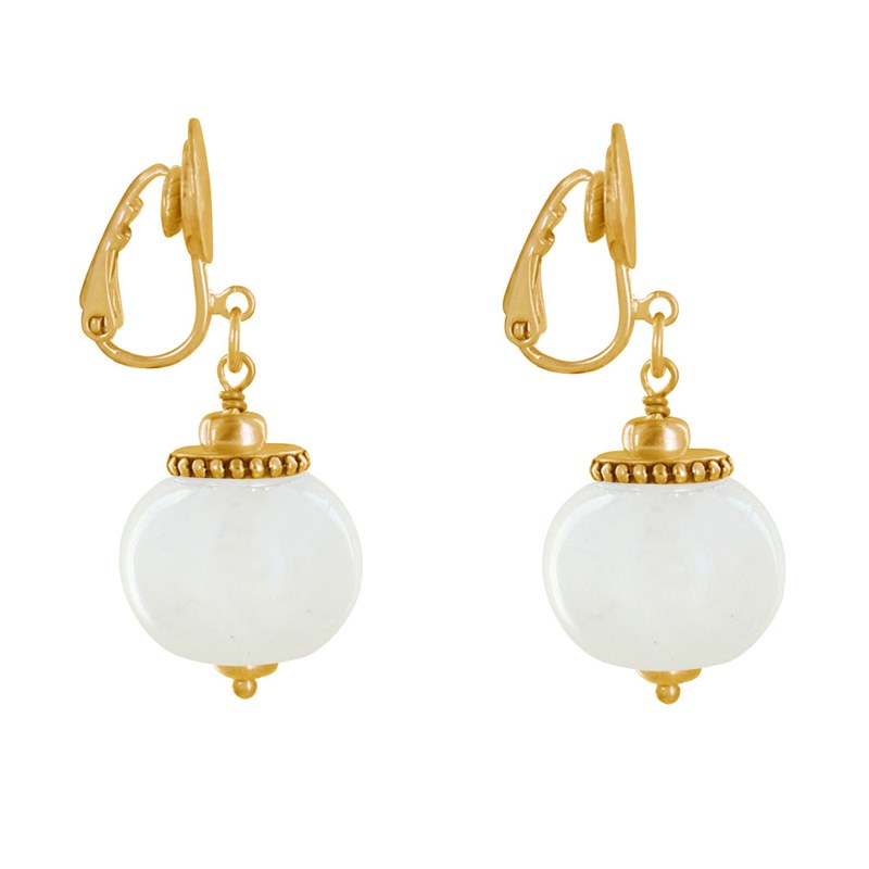 Boucles d'Oreilles Clip Métal Doré et Grosses Perles en Céramique