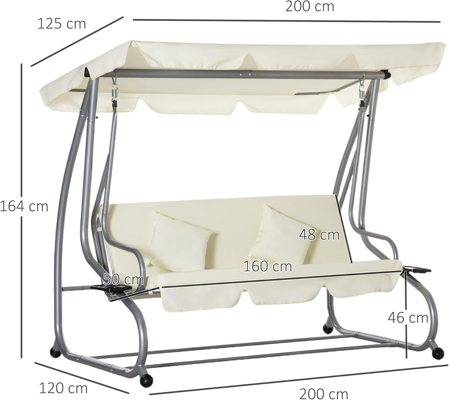 Outsunny Schaukelstuhl 3-Sitzer Gartenschaukel Hollywoodschaukel mit Sitz- und Rückenlehnen Tablett Schwingbank Sitzbank Dachwinkel verstellbar Stahl Polyestergewebe 200 x 120 x 164 cm Beige