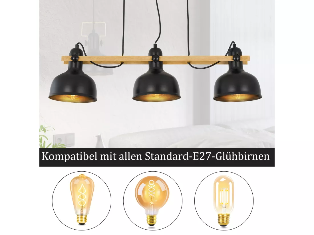 NETTLIFE Lampe suspendue vintage table à manger : 3 ampoules noir rétro industriel E27 MAX.40W