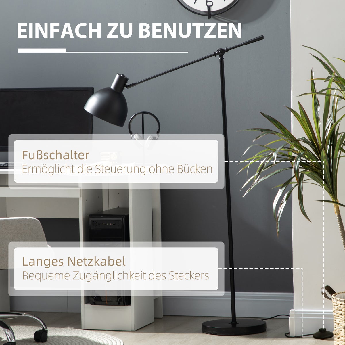 HOMCOM staande lamp, 30L x 30B x 131H cm, staal, zwart