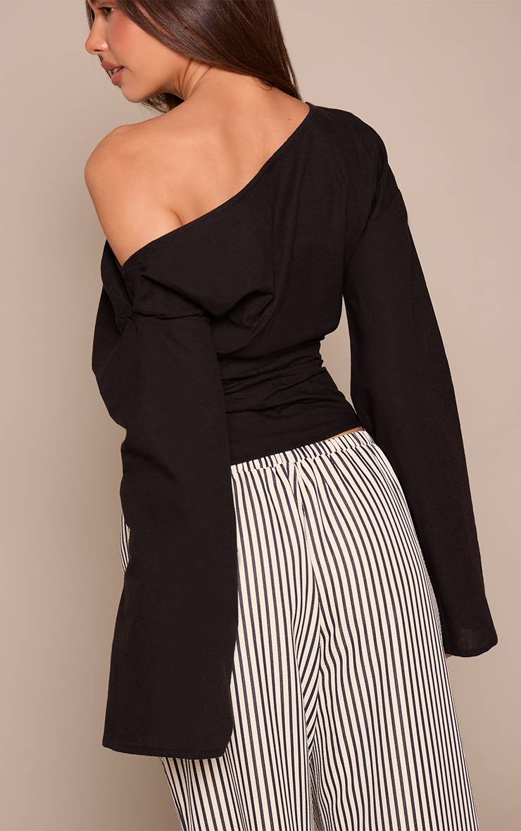 Noir Haut À Manche Drapée Asymétrique En Mélange Coton Lin