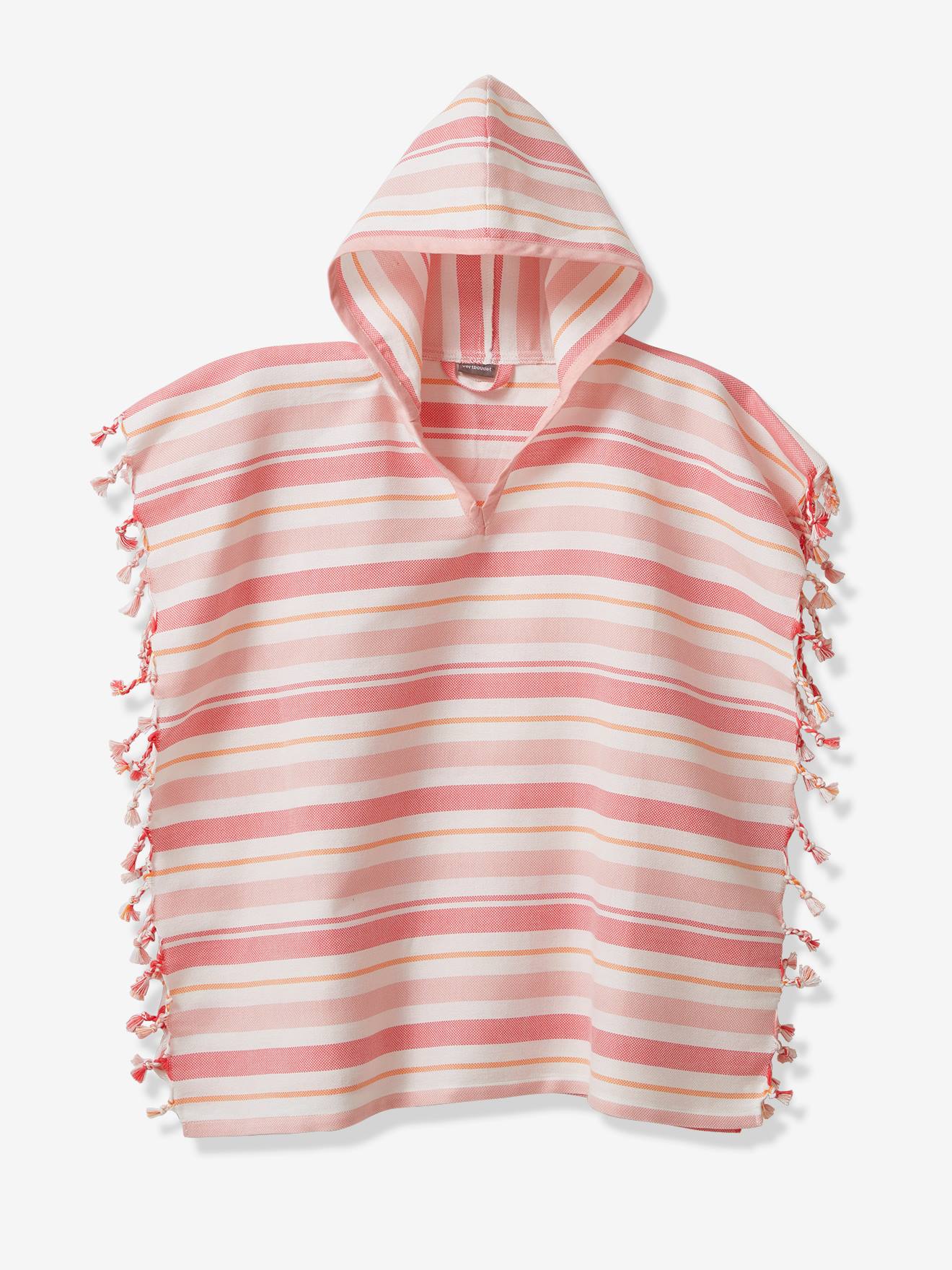 Poncho infantil estilo Fouta, listrado e com listras azuis personalizáveis.