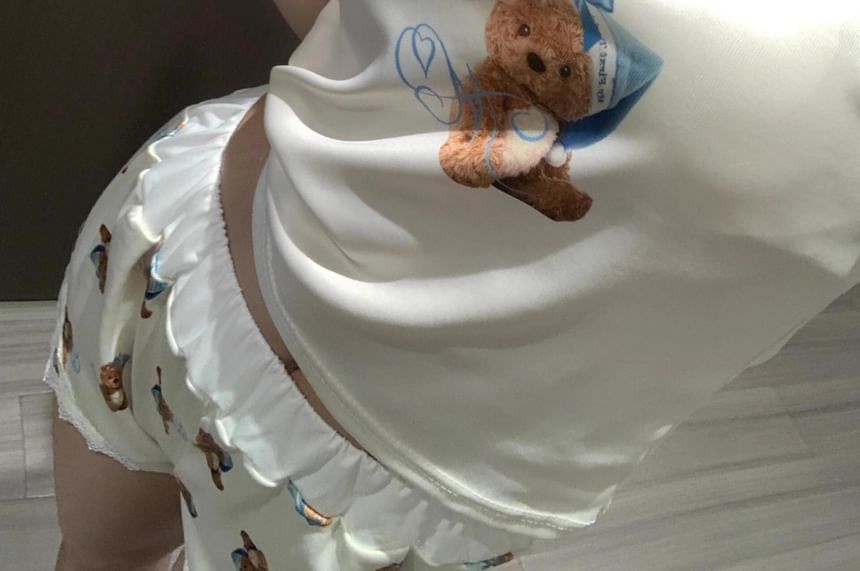 GOUB - Pyjamaset: camisoletop met kanten rand en berenprint + pyjamashorts