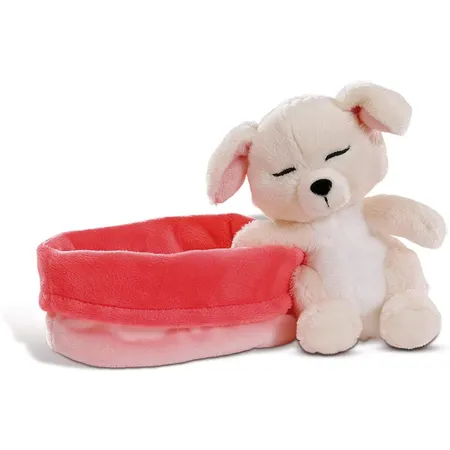NICI Sleeping Puppies Hund creme, im rot rosanen Körbchen, 12cm