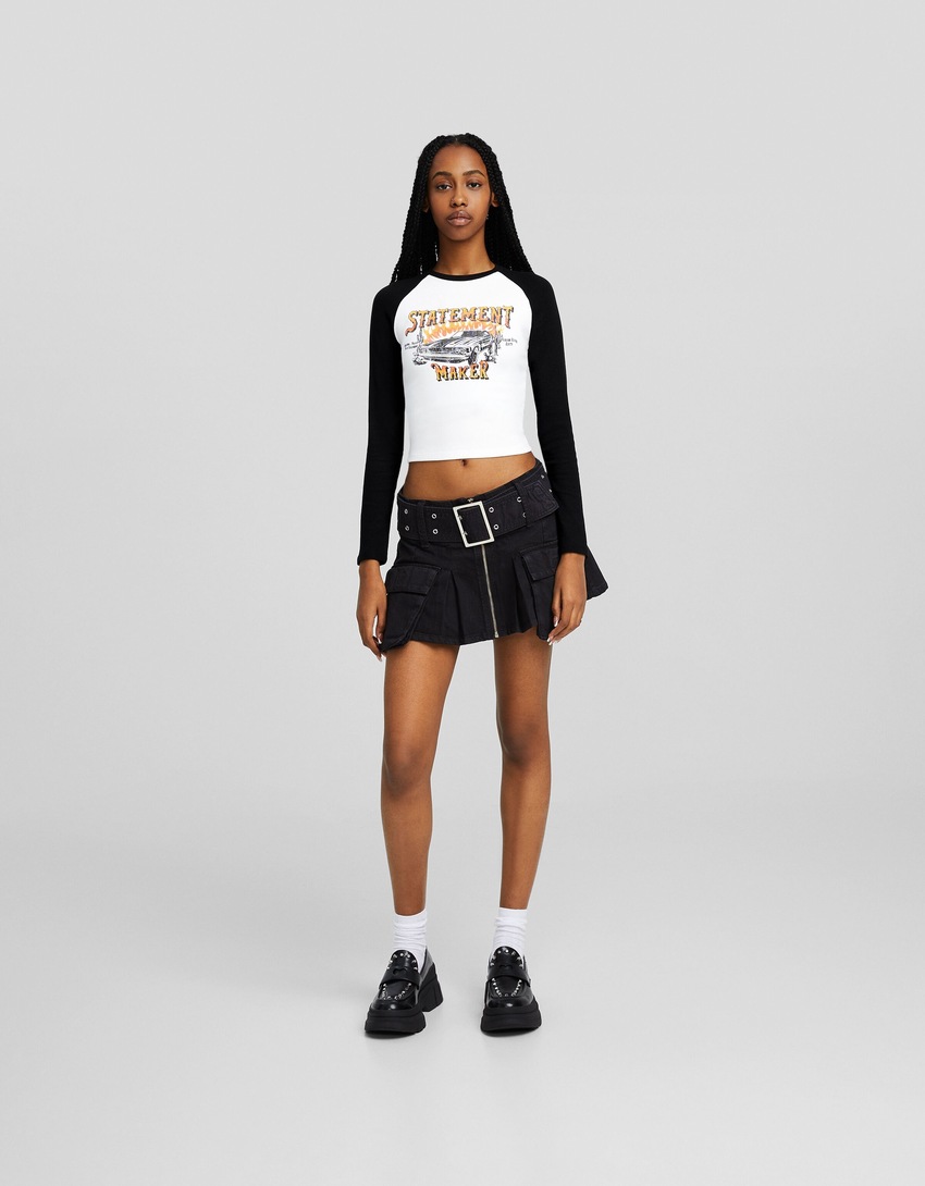 Camiseta longa raglan estampada