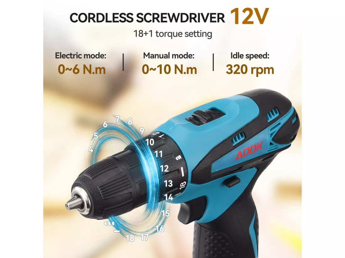 Perceuse Visseuse sans Fil avec lumière LED- 12V - 1*1.5Ah Batteries - 30 accessoires - moteur brossé - bleu