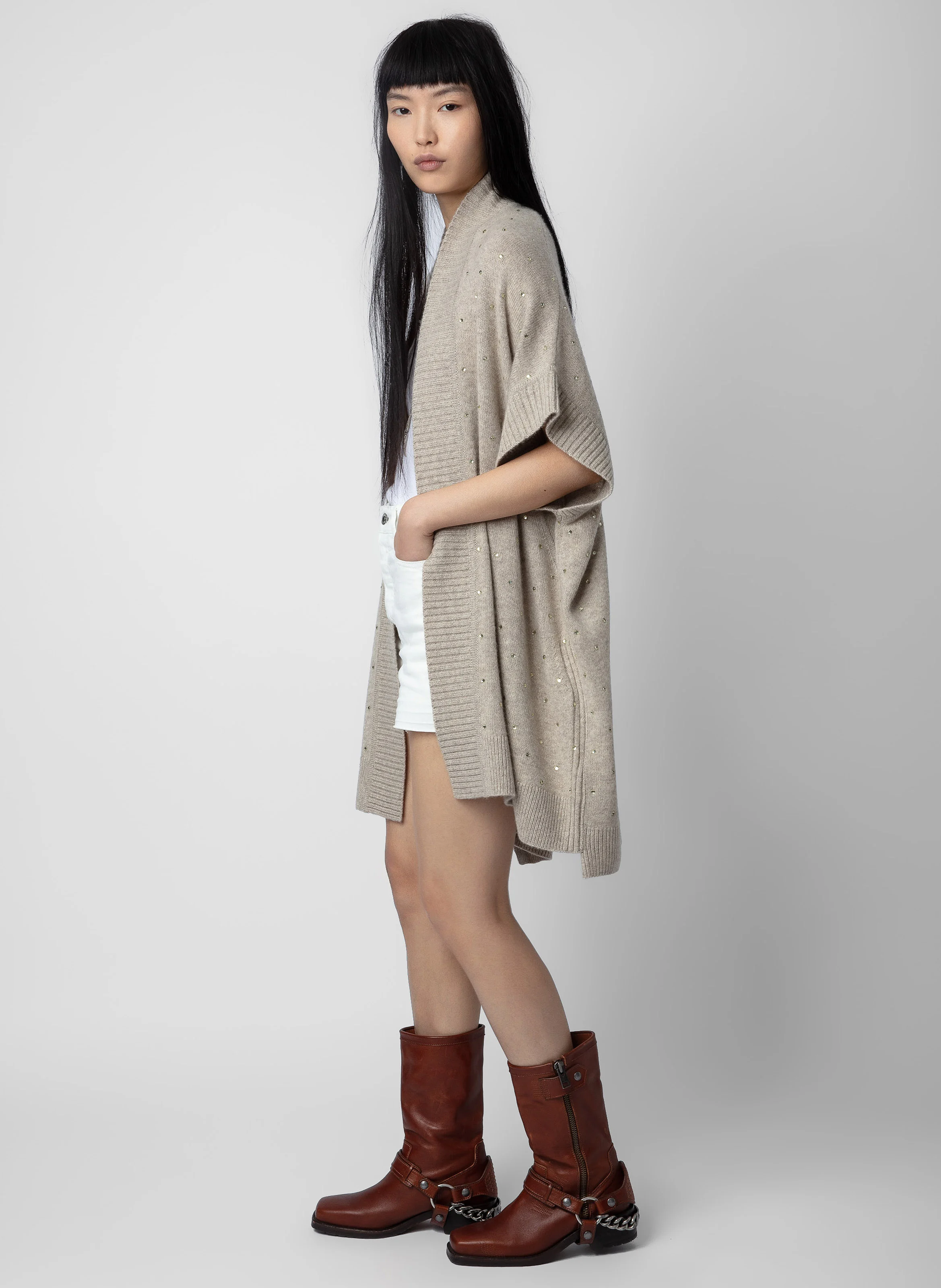 INDIANY - Gilet mi-long à strass en cachemire| Marron