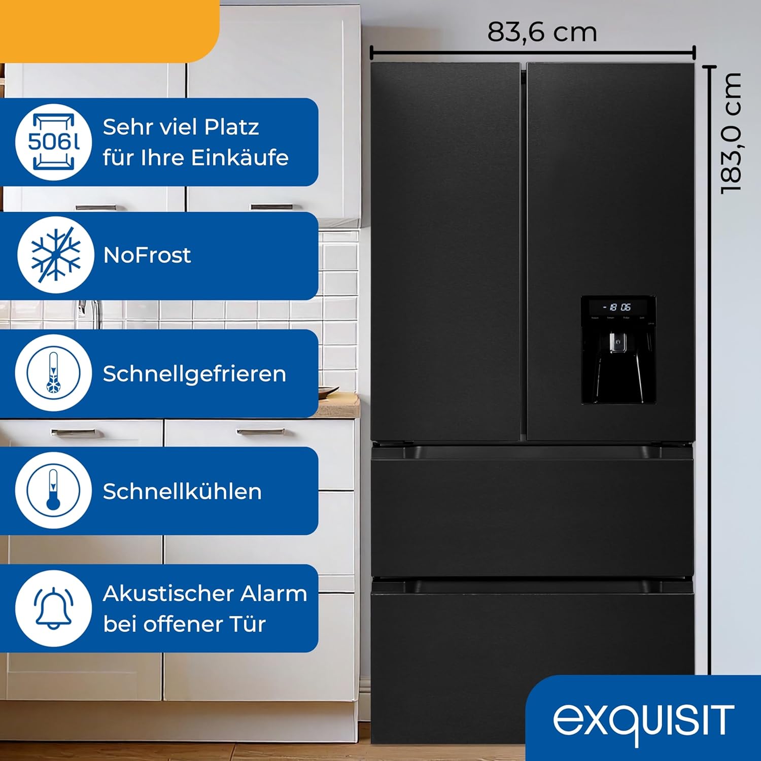 Exquisit Frenchdoor-Kühlschrank, 506 L, Kombigerät, 2-in-1, Kühl- und Gefrierteil, No-Frost, Wasserspender, inoxlook, FD5490-160-WS-202E inoxlook-az