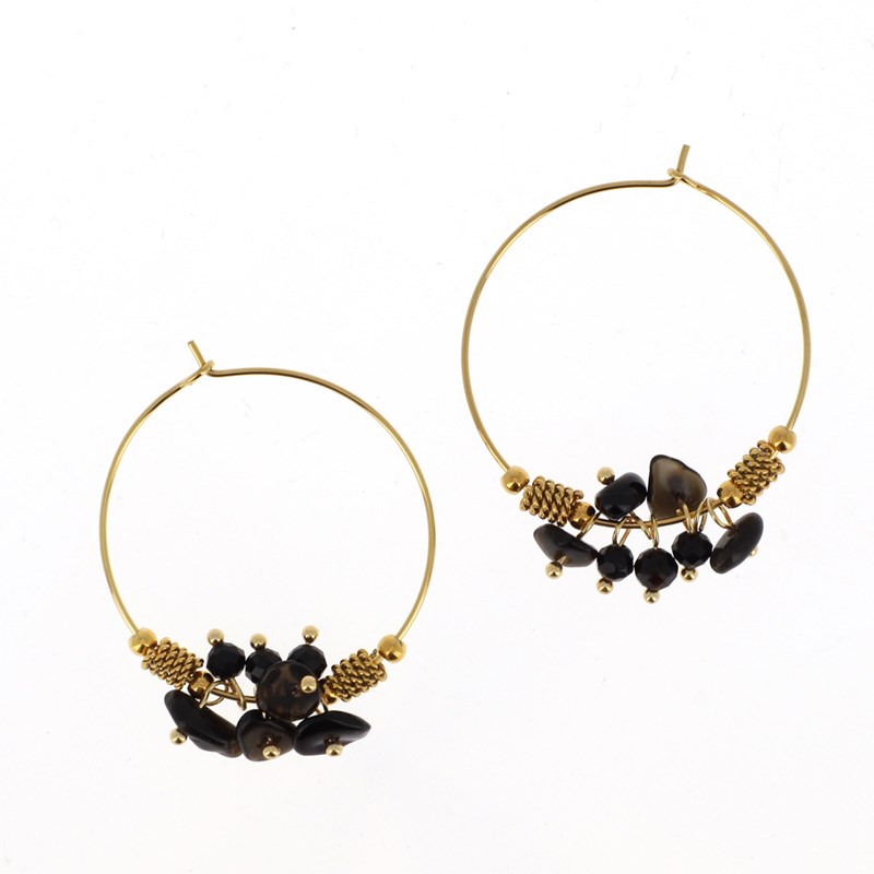 Boucles d'oreilles créoles en acier dorées ornées de pierres naturelles noires