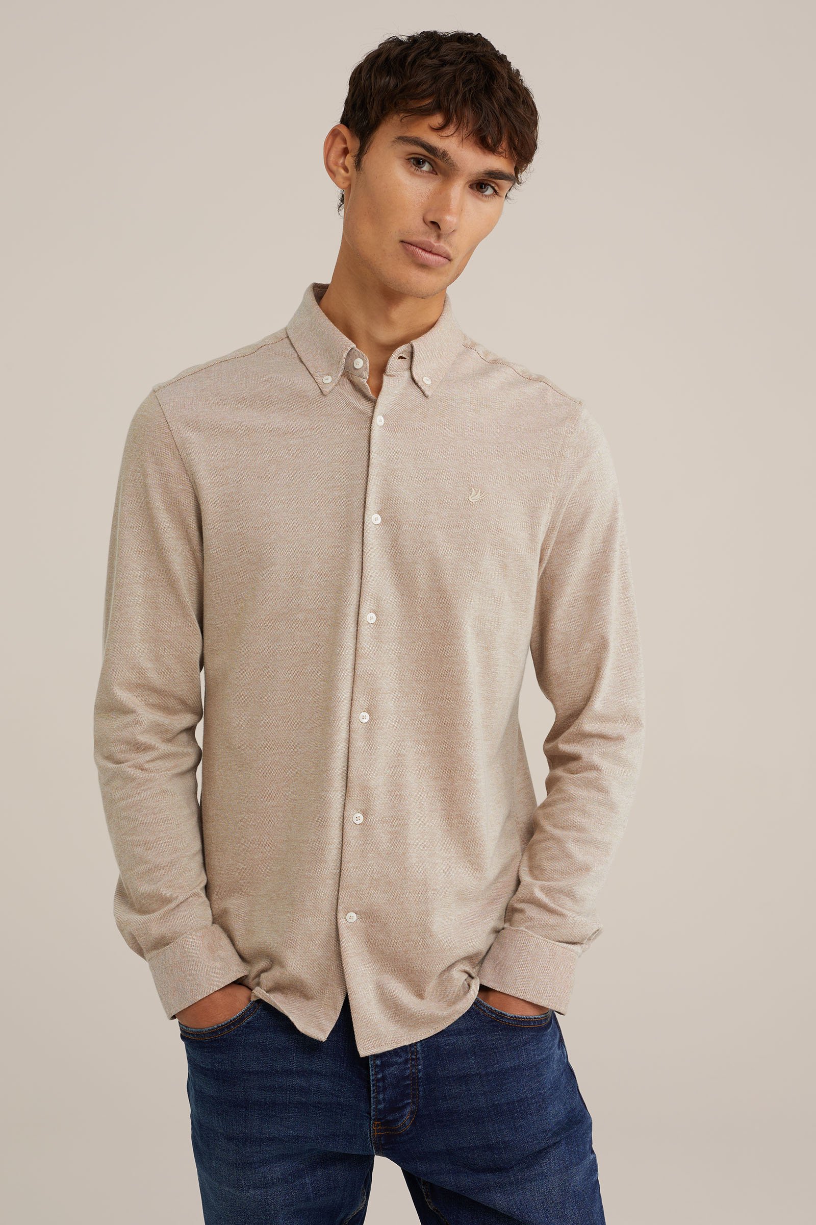 piquéjersey overhemd met stretch Fundamentals Beige