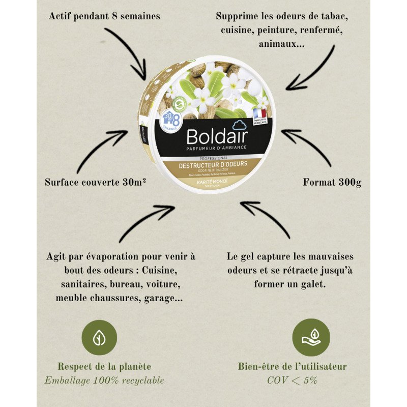 Désodorisant gel Boldair destructeur d'odeurs karité monoï - Boîte de 300 g