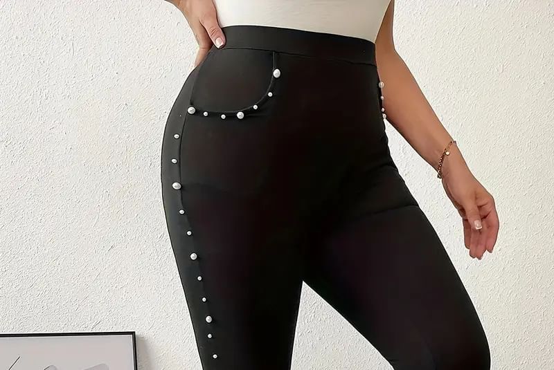 uliaque - Plus Size Hoge Taille Effen Faux Pearl Leggings