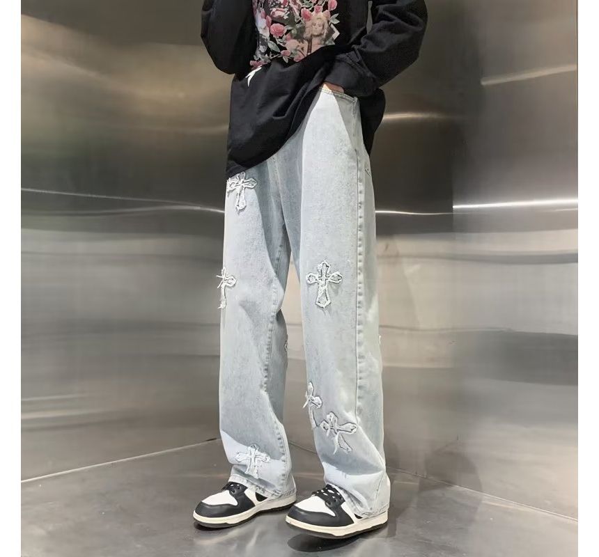 Shineon Studio - High Waist Crisscross Applique Washed Wide Leg Jeans