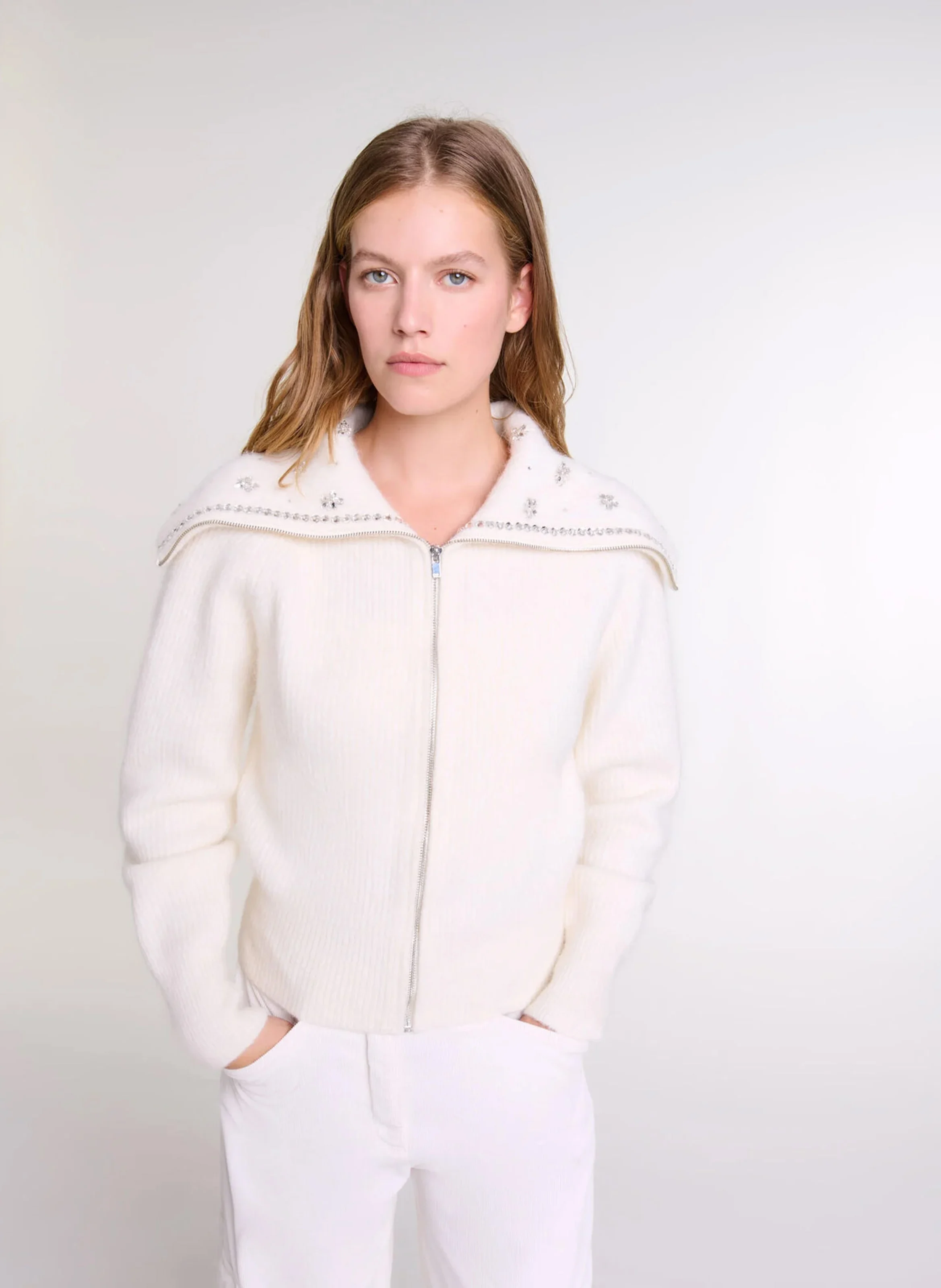 Cardigan droit en laine mélangée | Beige