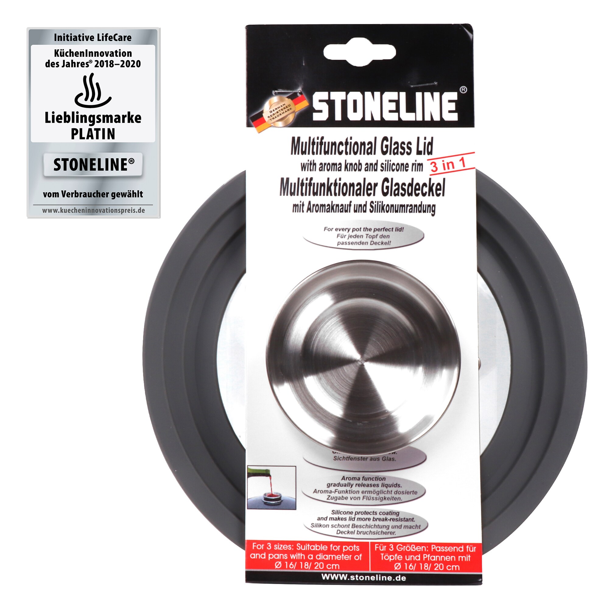 STONELINE® Universal Glasdeckel, mit Silikonrand & Aromaknauf für einen Durchmesser von 16/18/20 cm