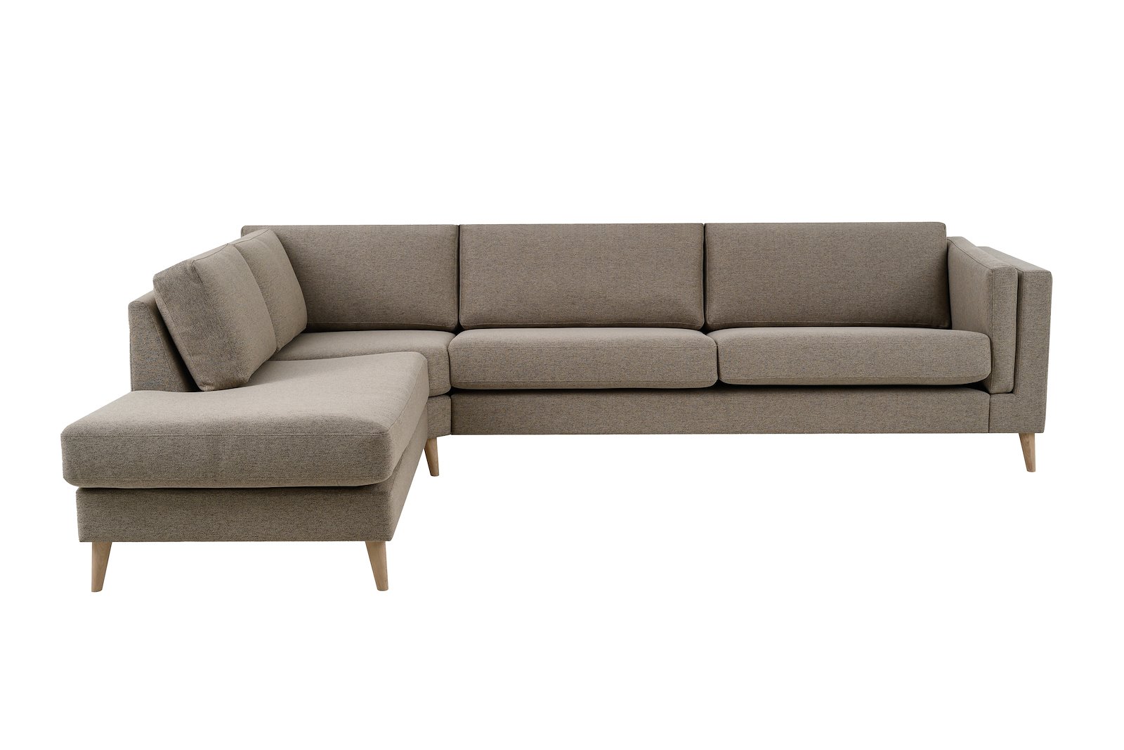 Edda hjørnesofa 3-seter med åpen ende venstre Tekstil Neve 9 cappuccino, ben 8, armlen G.