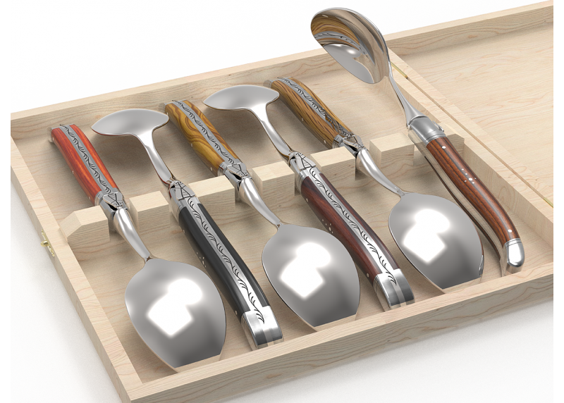 Service de 6 petites cuillères Laguiole avec un manche en 6 bois différents et mitres inox