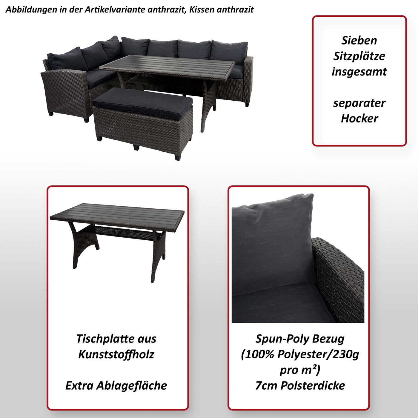 Poly Rattan Garnitur MCW-E96, Garten-/Lounge-Set Sitzgruppe, Spun Poly halbrundes Rattan ~ grau, Kissen anthrazit