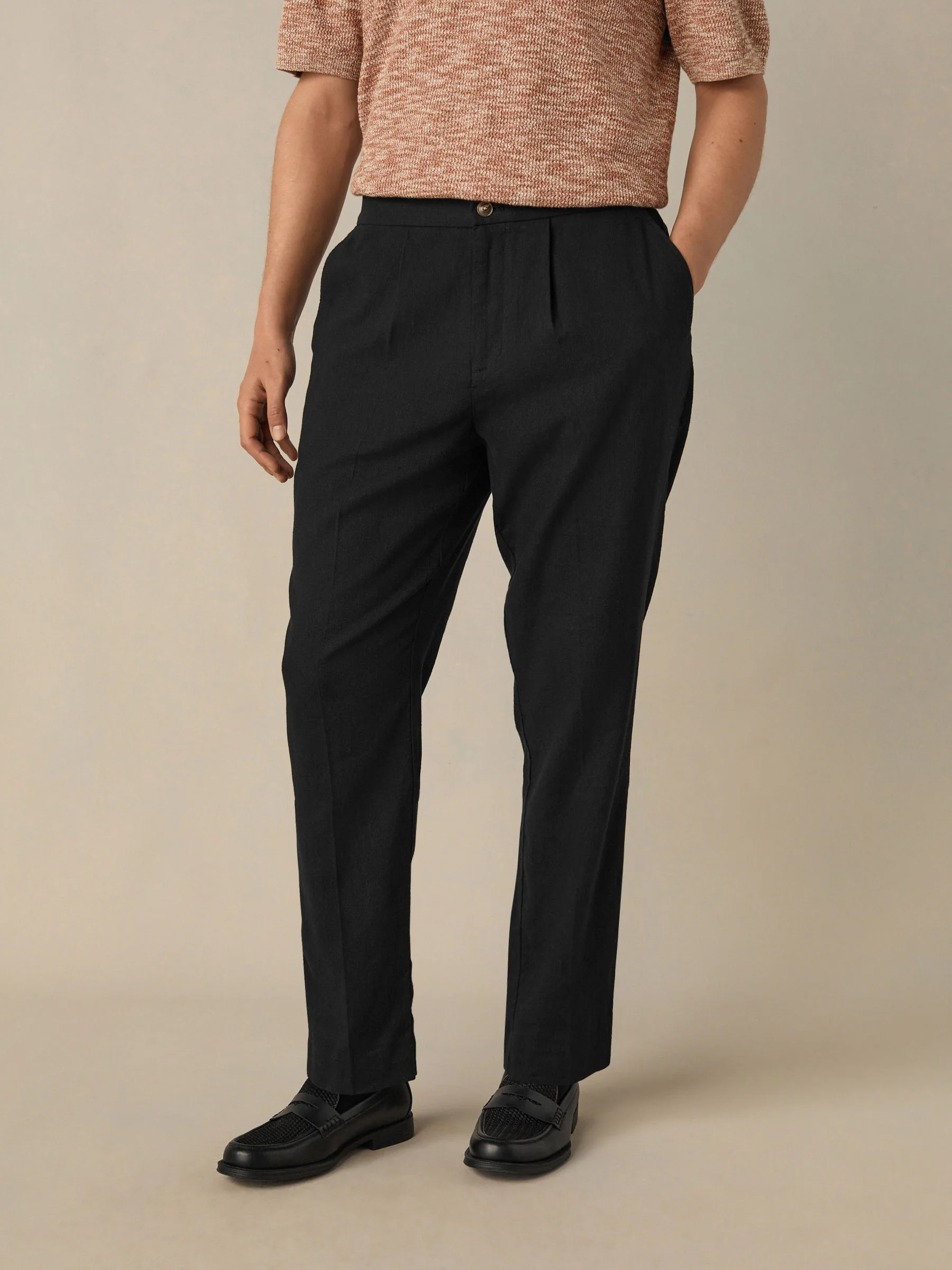 Zwart - Regular fit broek van katoen-linnenmix met elastische achterkant