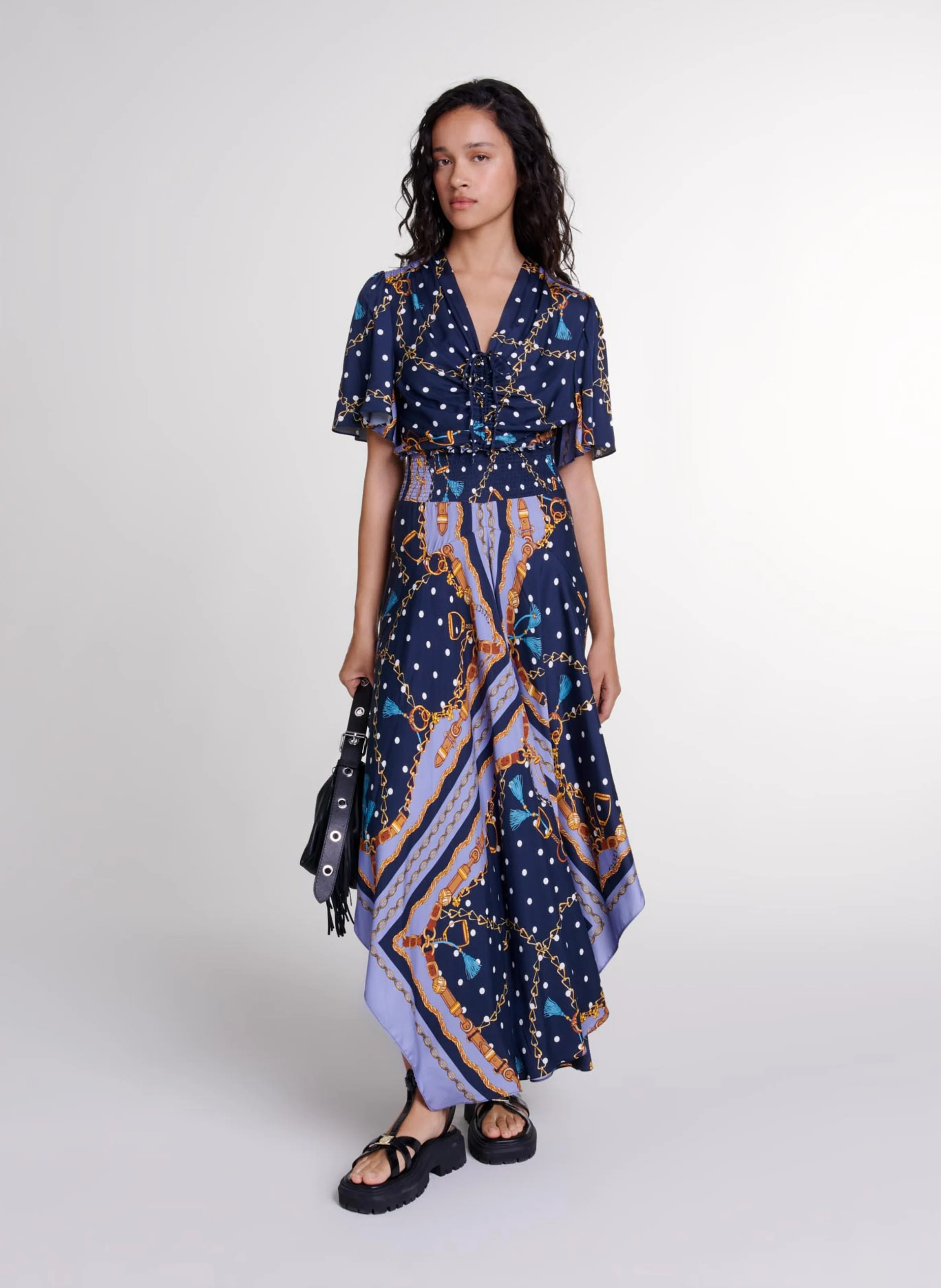 Robe longue asymétrique à col V | Multicolore