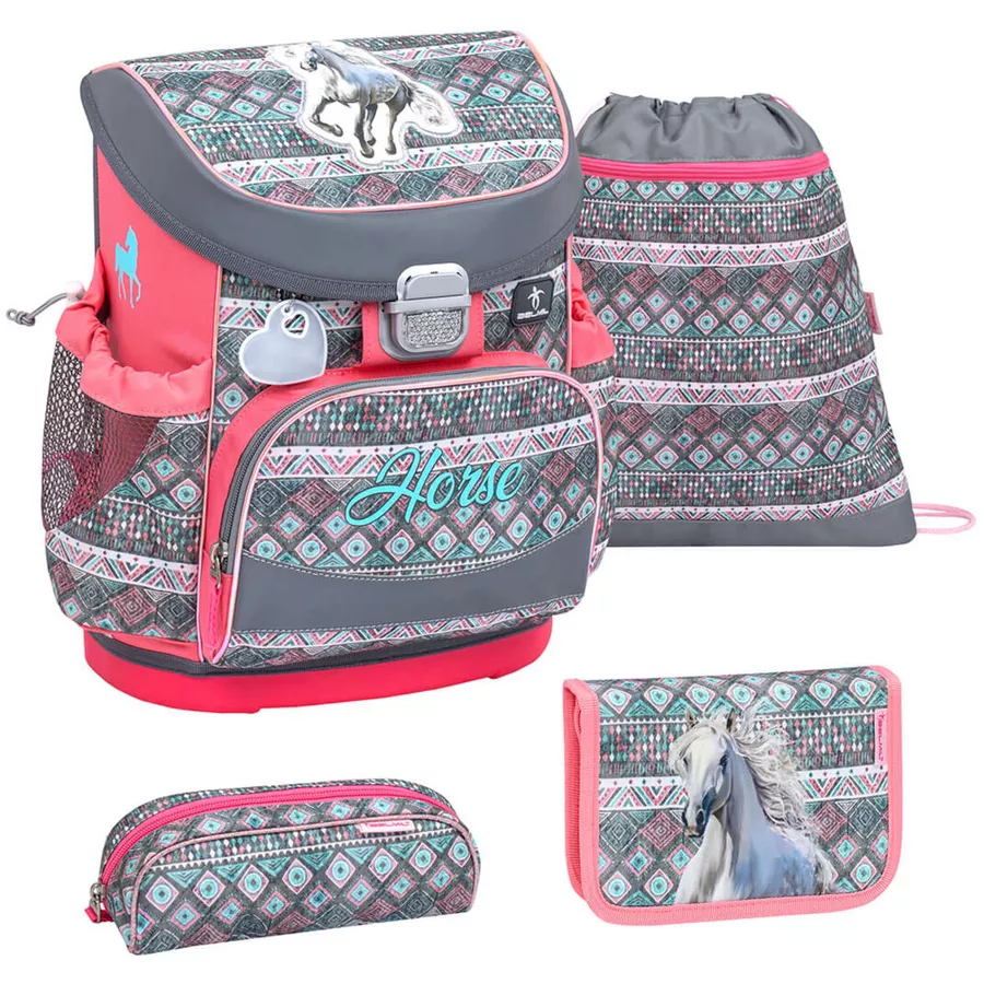 Belmil Schulranzen Mini Fit Schulranzen Set 4-teilig mit Brustgurt Horse Aruba Blue