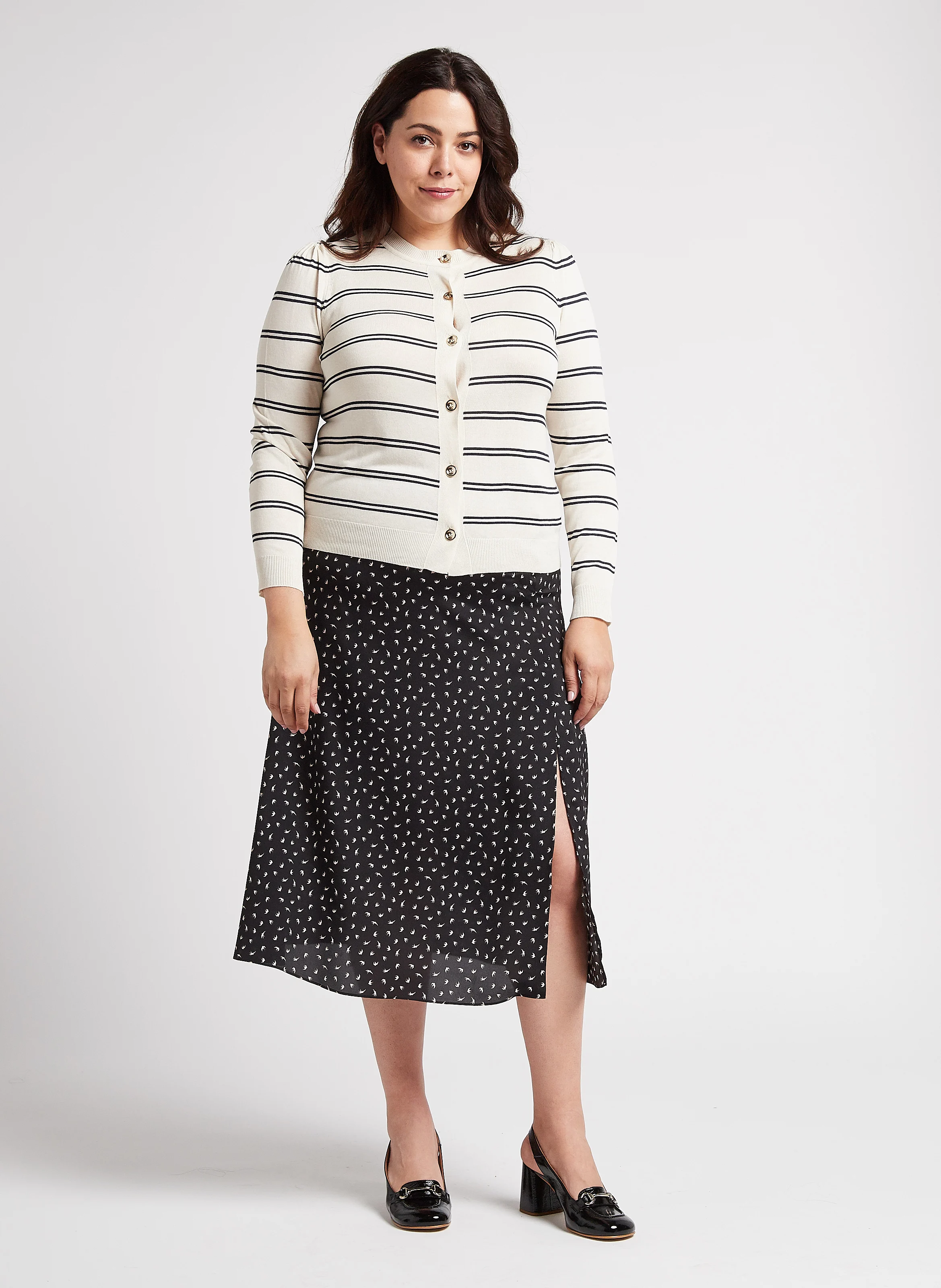 MARILU - Gilet col rond rayé en maille| Beige