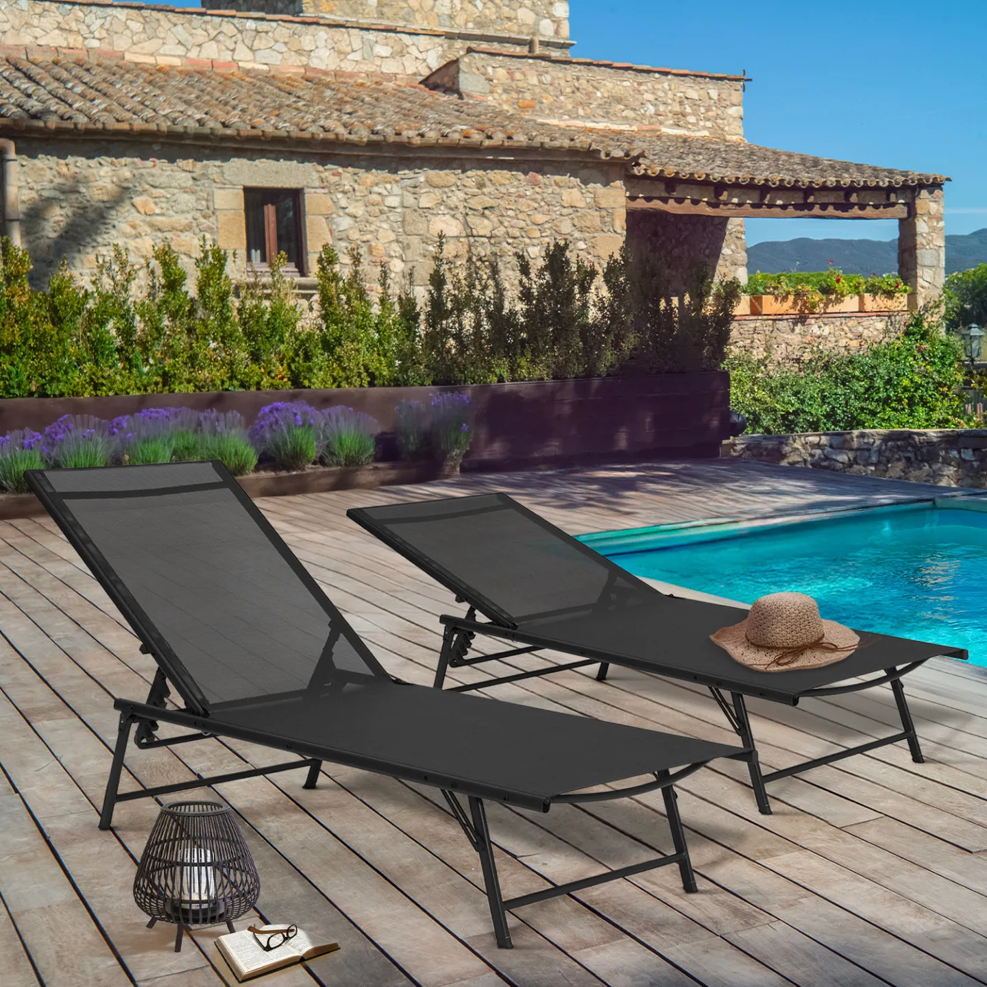 Lot de 2 transats de jardin inclinables KAILUA en acier noir et toile noire