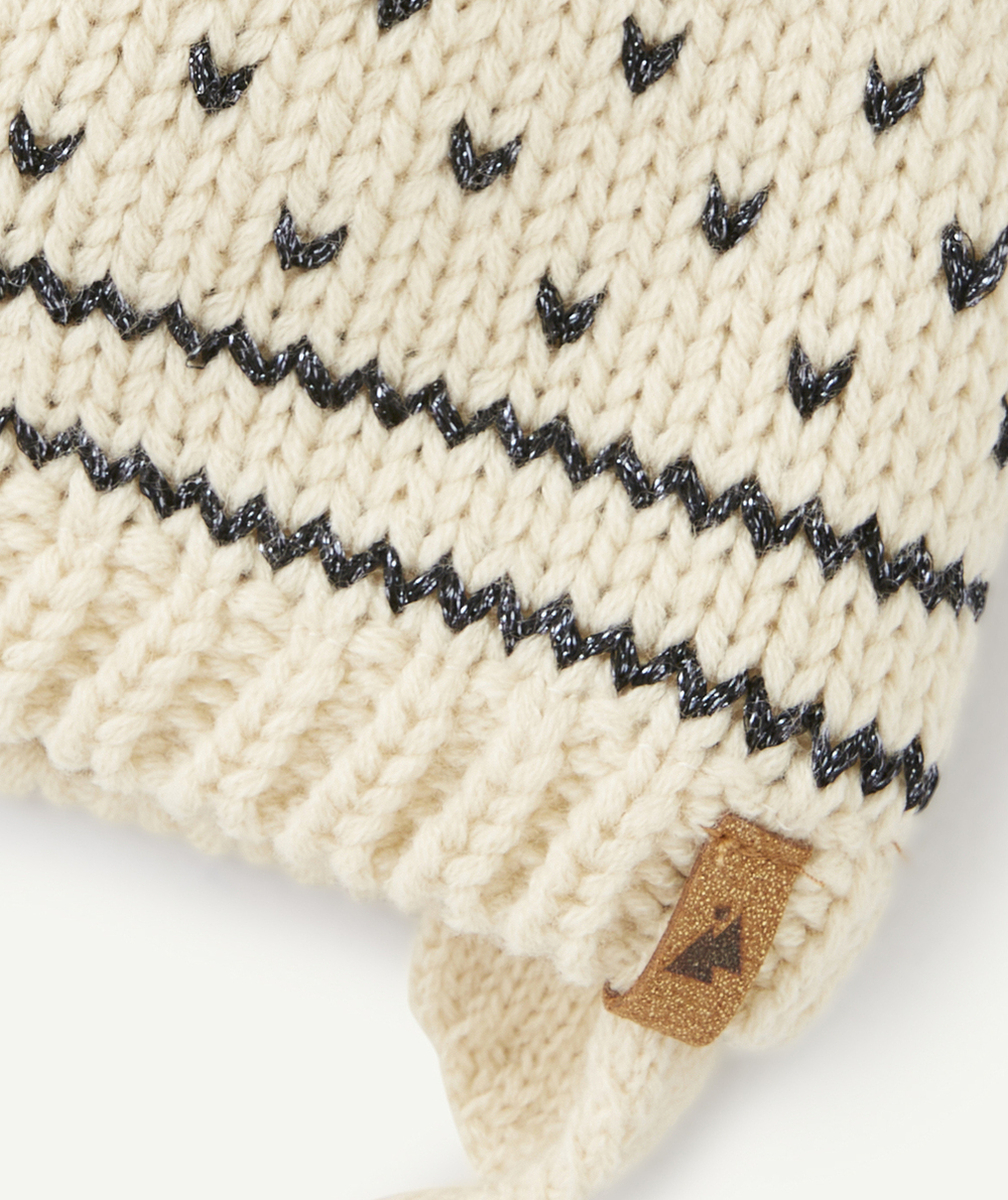 BONNET TRICOT BÉBÉ FILLE BEIGE ET BLEU AVEC POMPON ET DÉTAILS PAILLETÉS