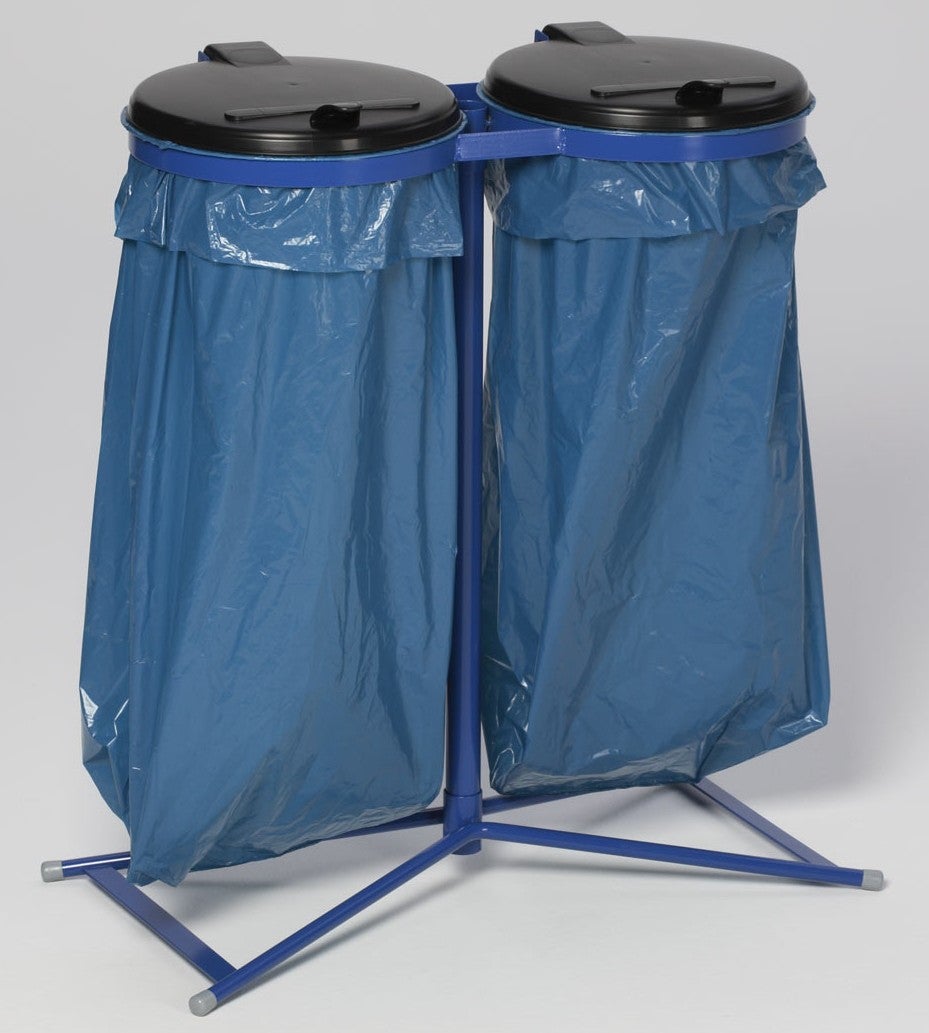 PROREGAL Robuuste dubbele afvalbak met kunststof deksel, stationair, 2 x 120 liter, HxBxD 98 x 85 x 48 cm, staal, blauw/zwart