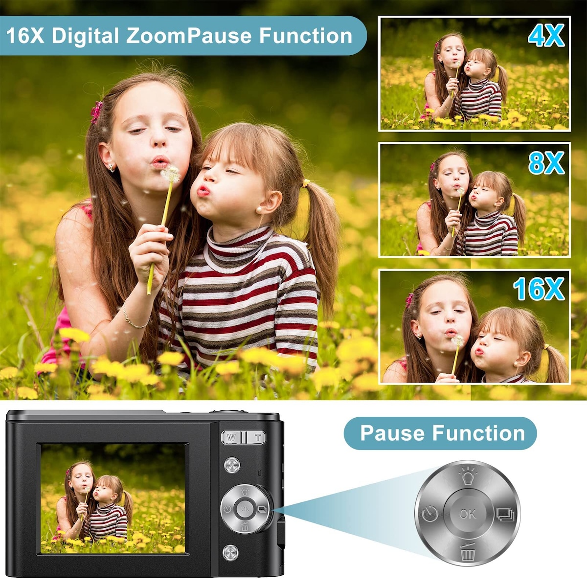 Digitalkamera med 48 MP, HD 1080p og 16x forstørring med 32GB minnekort Blå