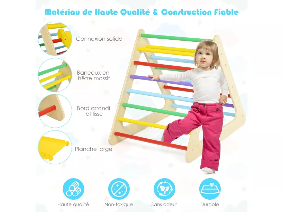 5 en 1 Aire de Jeux d’Escalade Montessori avec 2 Toboggans Réversibles, Triangle d'escalade en Bois Enfants avec Cadre Solide, Charge 60kg pour Grimper Marcher Glisser
