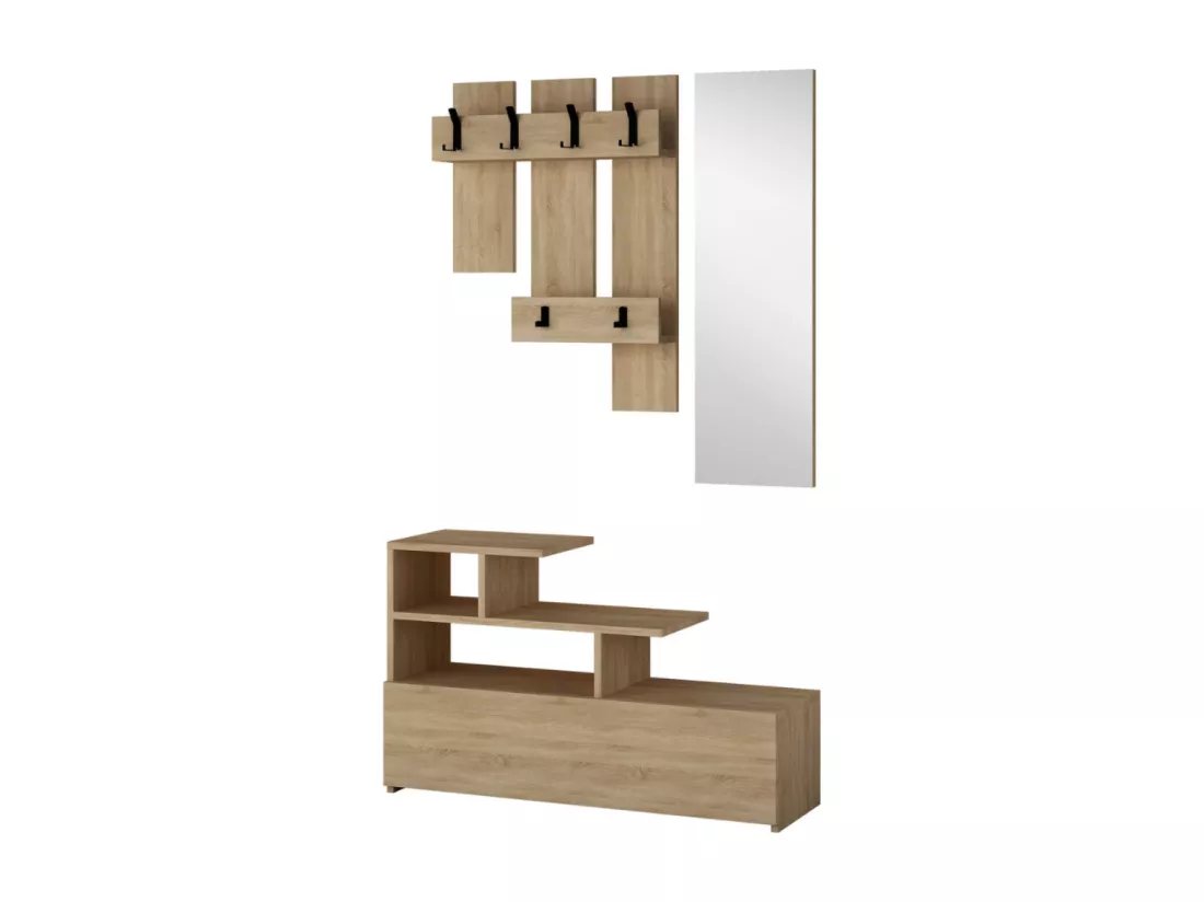 Meuble d'entrée effet bois avec porte manteau, rangement et miroir MESTY