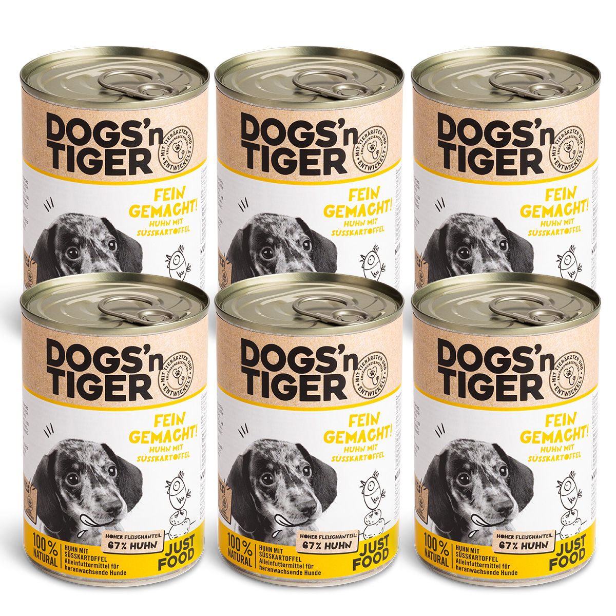 Dogs’n Tiger Junior, Welpen Premium Hundefutter, Nassfutter, Fein Gemacht, Huhn & Süßkartoffel