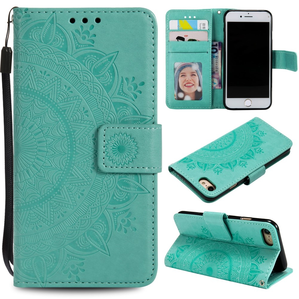 iPhone SE (2022/2020) / 8 / 7 / 6S Leder Tasche Wallet - Mandala Flowers Imprint - Türkis