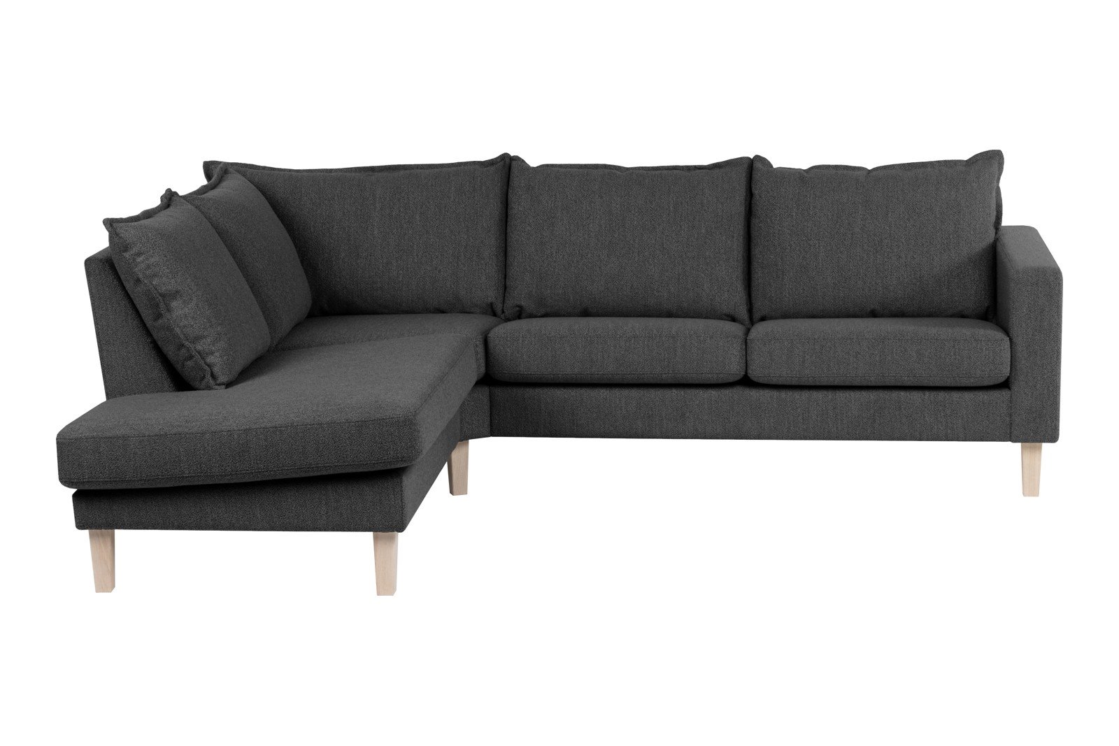 Slogen hjørnesofa Oppsett AV. 2,5-seter med åpen ende venstre. Tekstil Viva Dark Grey med soft ryggpute. Vange A og hvitpigmentert ben 178.