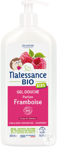 Natessance Bio Gel Douche Corps Et Cheveux Kids Framboise Sans Sulfate Flacon Pompe 500ml