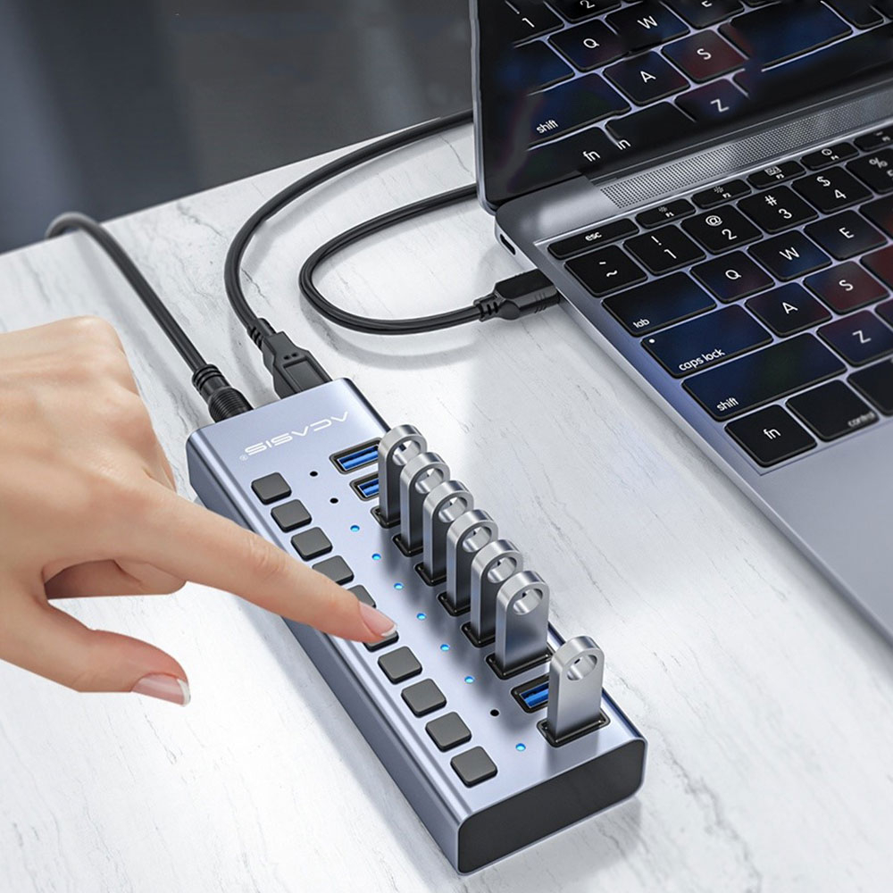 (15cm) 10-fach  Aktiver Aluminium USB 3.0 Hub Steuerung Tastenschalter 5GB/s   Netzteil (12V/4A) - Grau