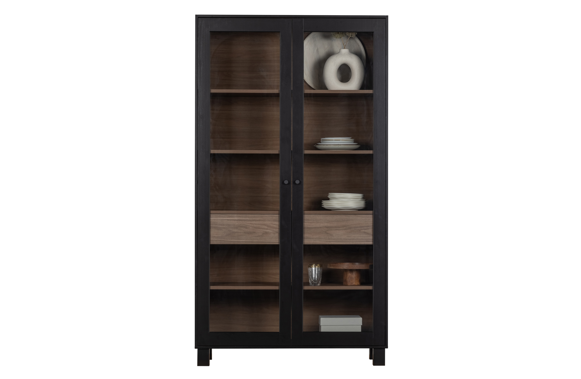 WOOOD 2-deurs vitrinekast Goos grenen zwart/walnoot Goos 2-drs vitrinekast grenen zwart/walnoot