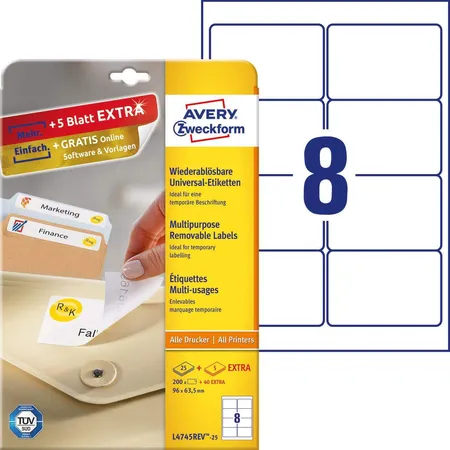 Avery Zweckform L4745REV-25 Universal-Etiketten,A4 96 x 63,5 mm, 30 Bogen/240 Etiketten, weiß