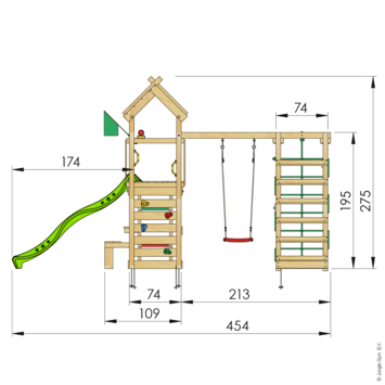Speeltoestel Jungle Gym Teepee grenen geïmpregneerd met glijbaan groen en 1-klimrek module